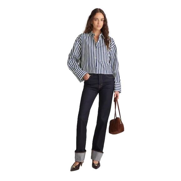 Madewell Straight Hem Poplin Shirt Blue White Stripe Boxy XS NWT - Picture 2 of 8